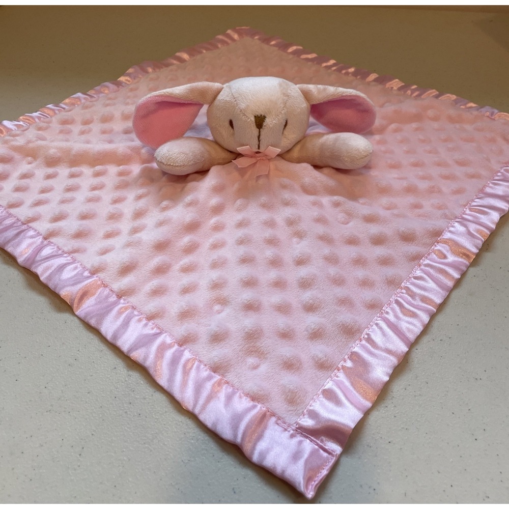 Pink Minky Dot & Satin Bunny Rabbit Security Blanket/Lovey